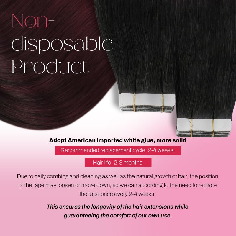 Moresoo Burgundy Tape in Hair Extensions Real Human Hair Off Black to Black with Wine Red Tape in Human Hair Extensions Balayage Real Hair Glue in Extensions 18 Inch #1B/99J 20pcs 50g - Image 3